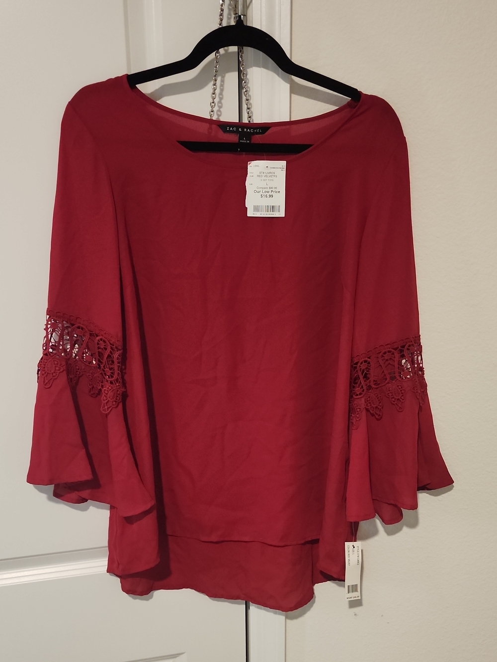 Zac & Rachel Deep Red Bell Sleeve Crochet Trim Blouse
